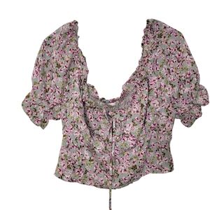 Curvy Sense 1X Floral Green Pink Puff Short Sleeve Smocked Ruffle Blouse Top
